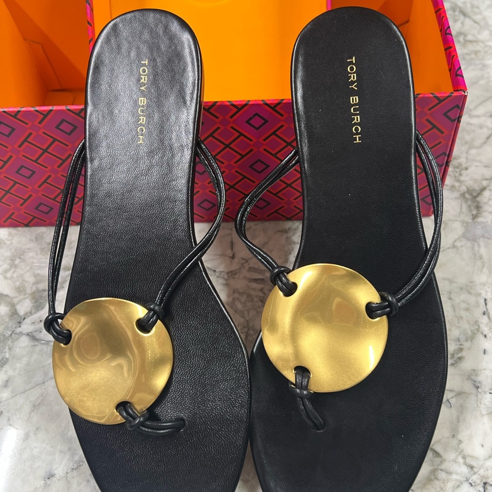 Tory Burch Black Sandals with Gold Accent - Picture 2 of 5